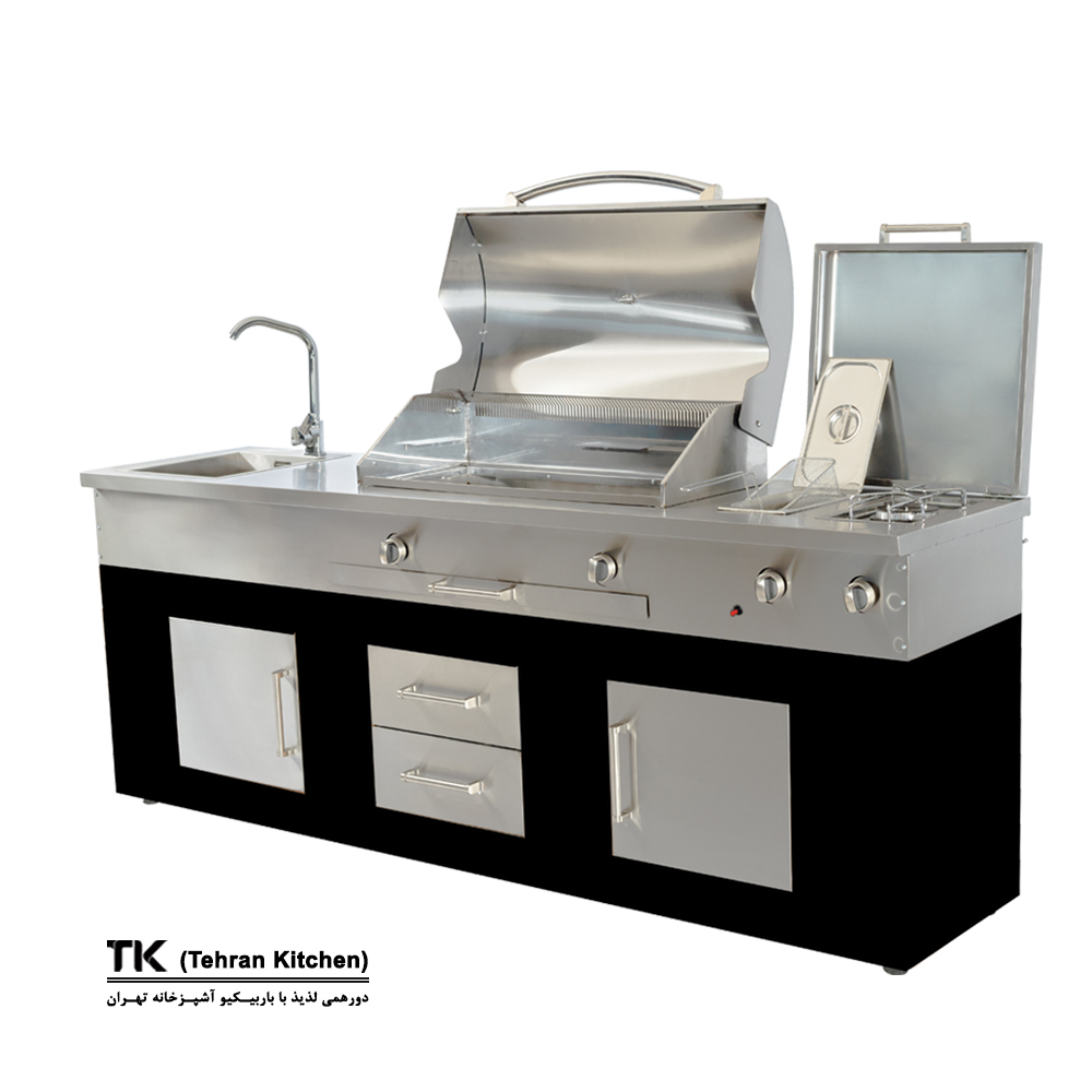 تصویر باربیکیو ۲۴۲ سانت کامل، بالا استیل کابین مشکی نما درب استیل عرض ۶۰ 